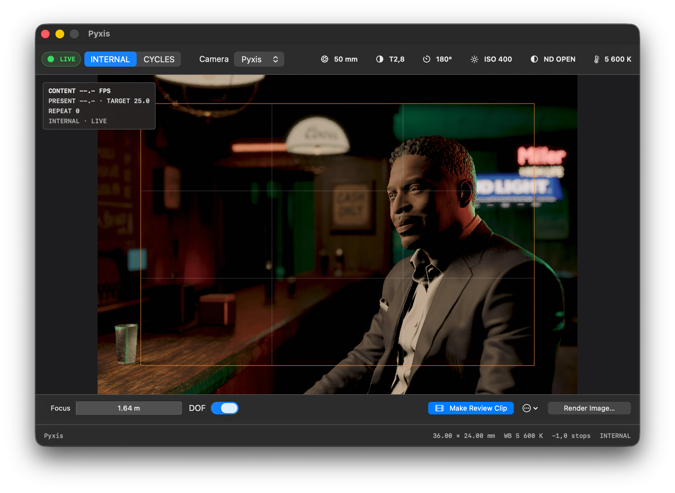 Live Pyxis camera view of the same bar scene, with warm light on the subject and green background lighting
