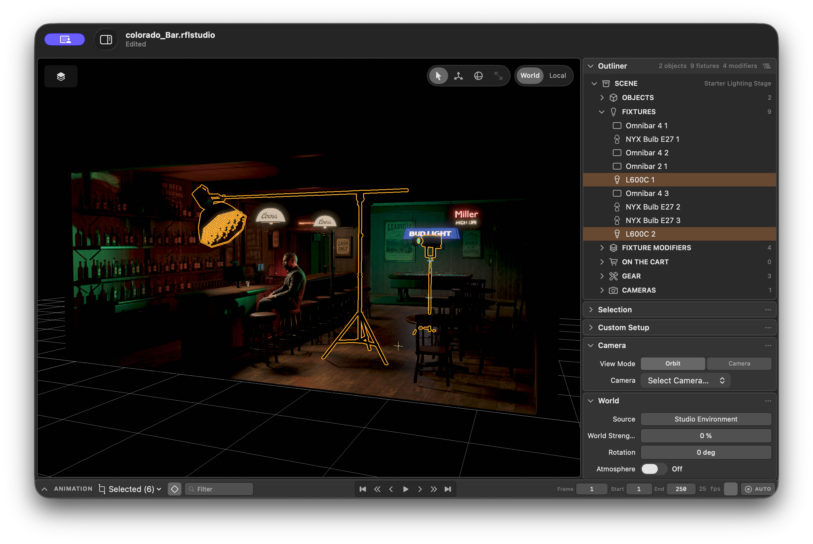 CineTwin bar scene with light fixtures and stands arranged around a seated subject